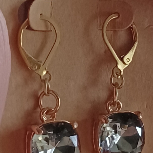 GOLD PLATED CRYSTAL SMOKEY RHINESTONE SQUARE EARRI - Picture 3 of 5